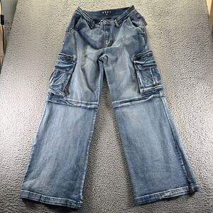 VBRT Jeans Women 15 Blue Cotton Denim WideLeg Baggy Workwear Faded Cargo Stretch